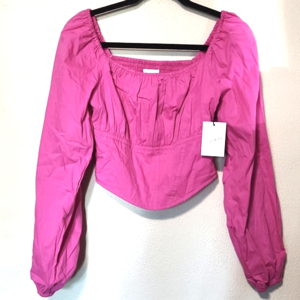 NEW Japna Fushia Pink Crop Long 100% Cotton Off Shoulder Smocked Blouse Size M